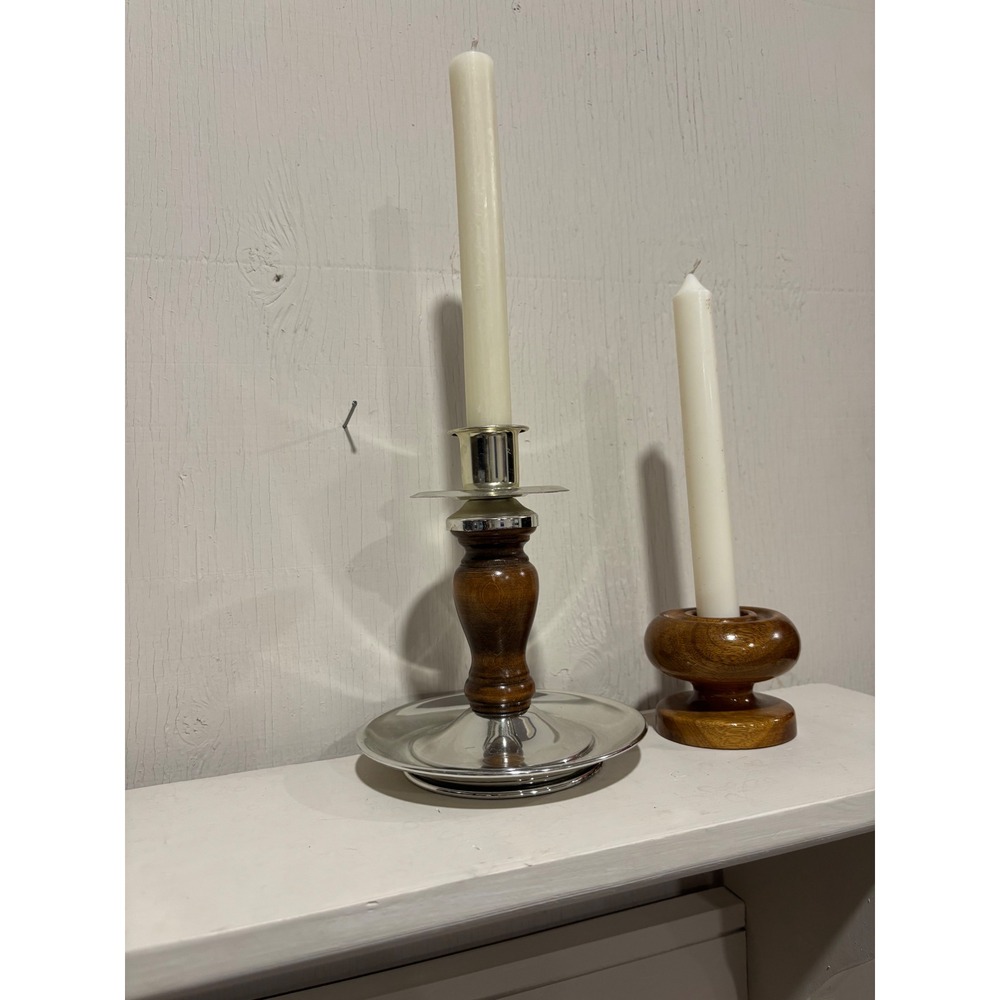 Home Interiors Silver Wood Candlestick & Vintage Portland Myrtlewood Holder Set